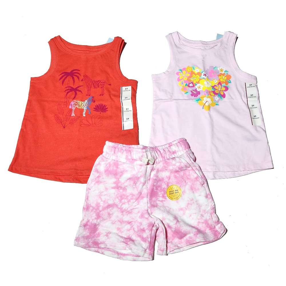 Girls 3T Pink Shorts & Sleeveless Tank Tops 2 Shirts Cat & Jack Flower Zebra